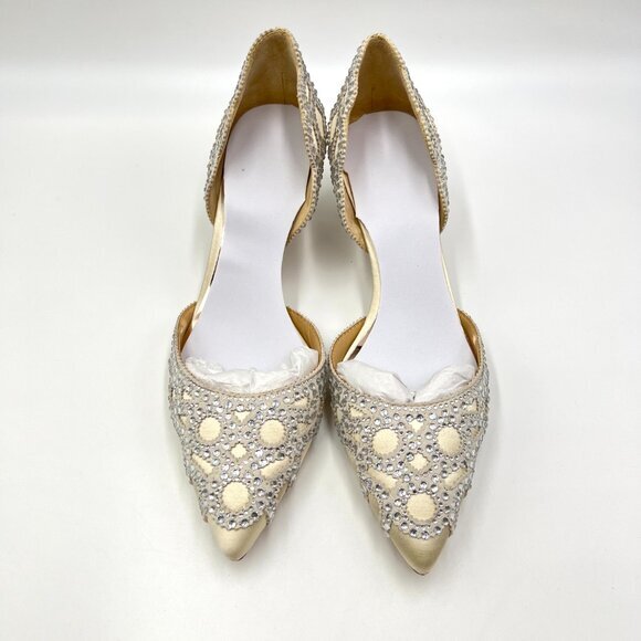 Badgley Mischka Womens Size 6.5 Ivory White Jeweled Kitten‎ Heels Pumps Shoes - Picture 2 of 14